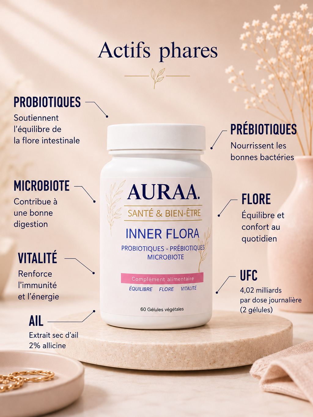 Actifs d'INNER FLORA AURAA : ferments, Lactobacillus rhamnosus et fibres prébiotiques