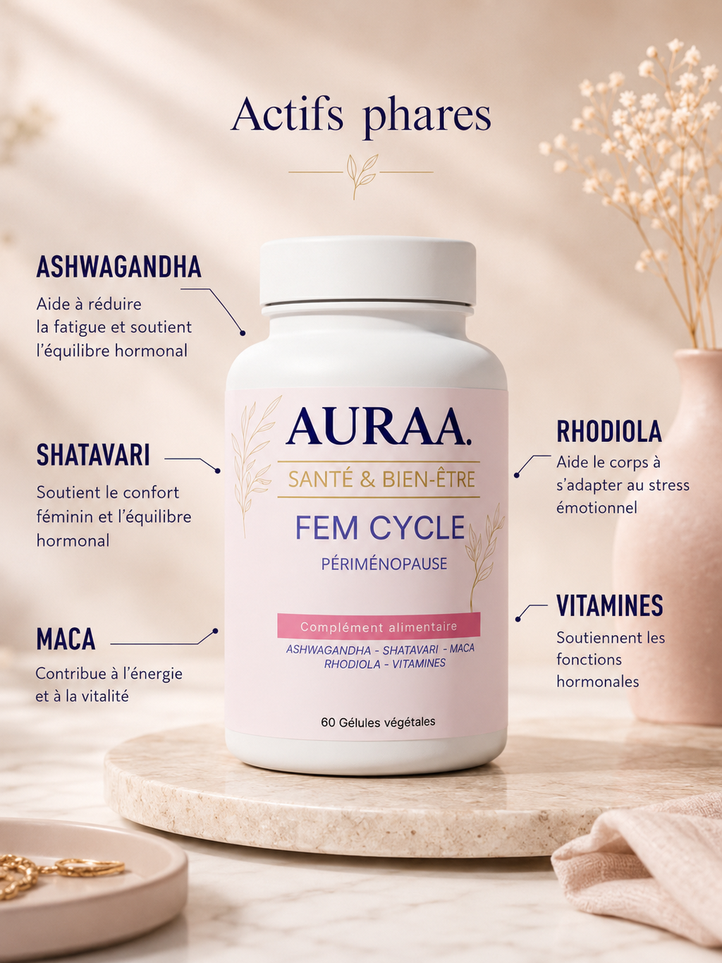 Actifs de FEM CYCLE AURAA : shatavari, maca, rhodiola, ashwagandha et vitamines