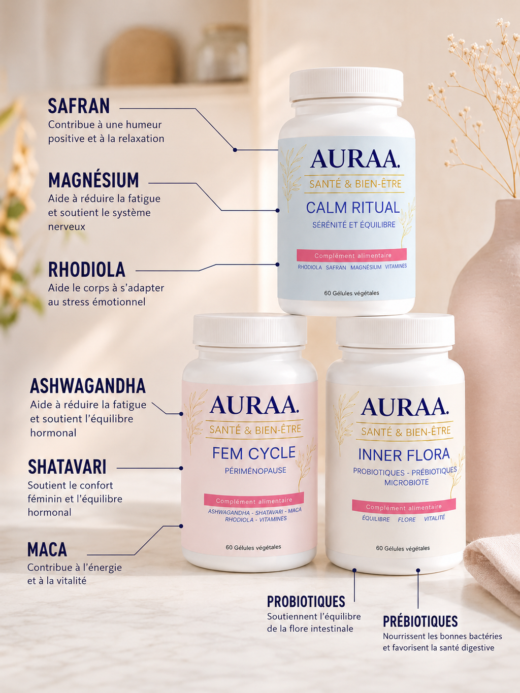 Pack Rituel Complet AURAA et ses actifs, le trio bien-être féminin