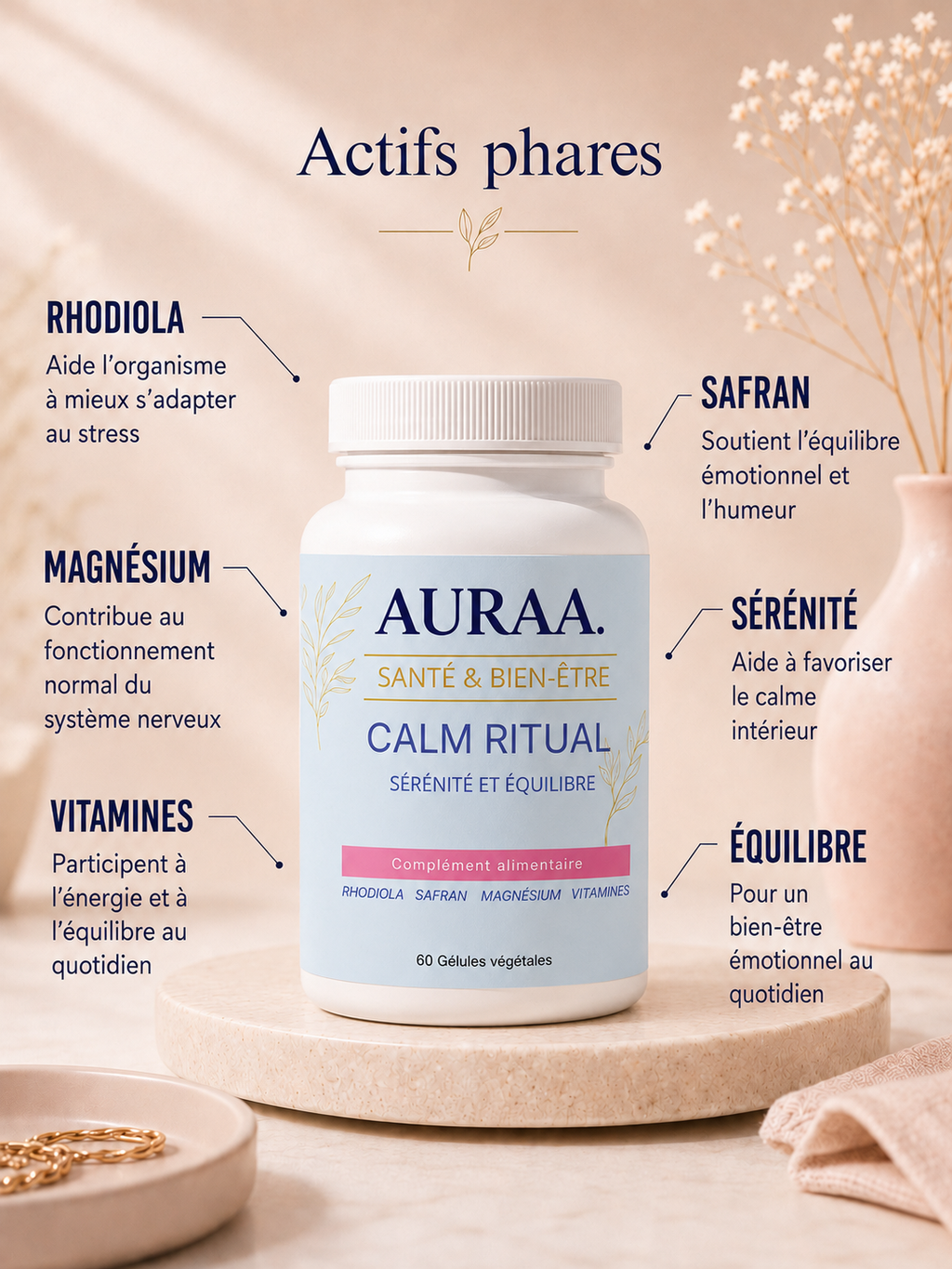 Actifs de CALM RITUAL AURAA : safran, magnésium, rhodiola et vitamines B